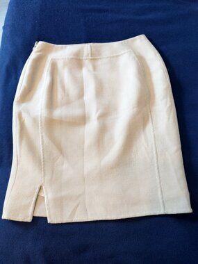Chado Ralph Rucci Designer Skirt Size 8 beige Wool Straight Slits Top Stitching
